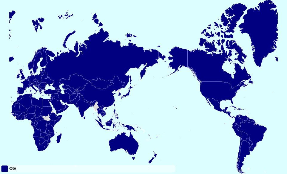 世界地図にアシックス商標が登録されている国が塗られている様子